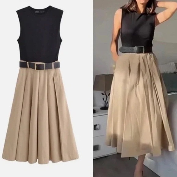 Zara Shoulder Pad Midi Dress Full Skirt Sand / Black - Picture 3 of 15